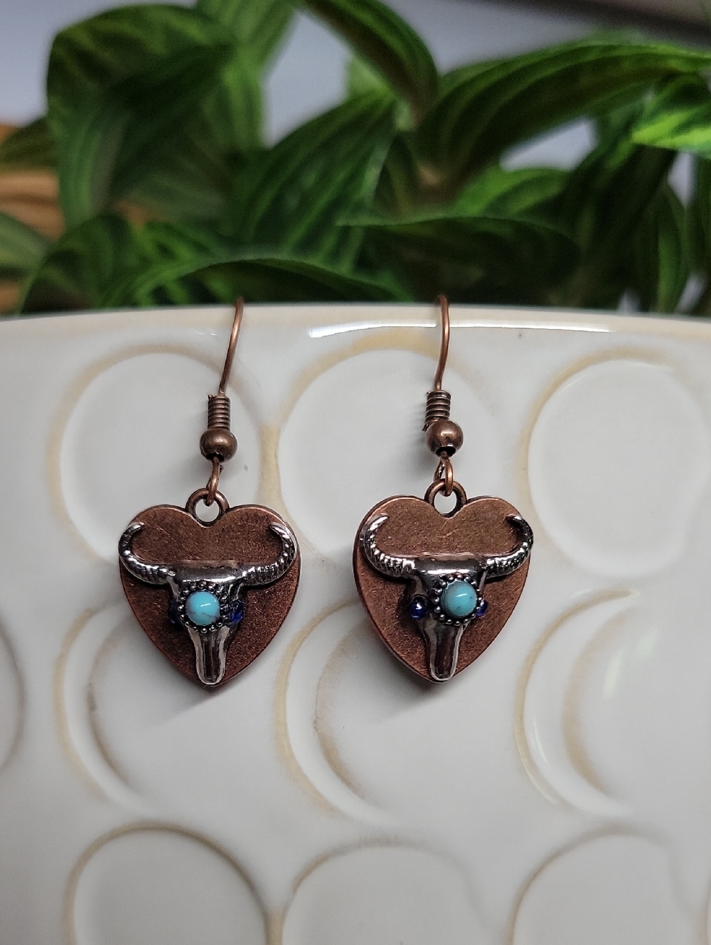Turquoise Accent Copper Heart Longhorn Earrings - Women Jewelry - Picture 3 of 6